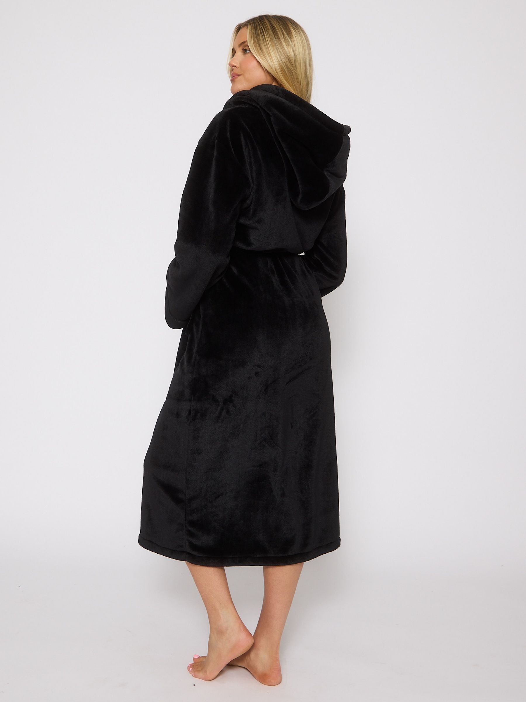 Buy Loungeable Black Ribbon Trim Luxury Fleece Hooded Maxi Robe from ...