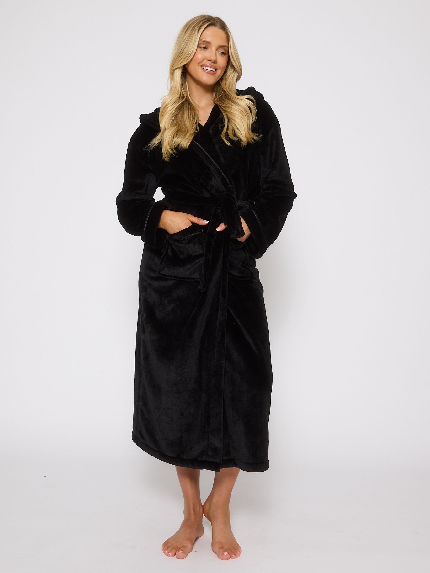 Buy Loungeable Black Ribbon Trim Luxury Fleece Hooded Maxi Robe from ...