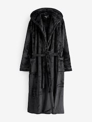 Loungeable Black Ribbon Trim Luxury Fleece Hooded Maxi Robe - Image 5 of 5