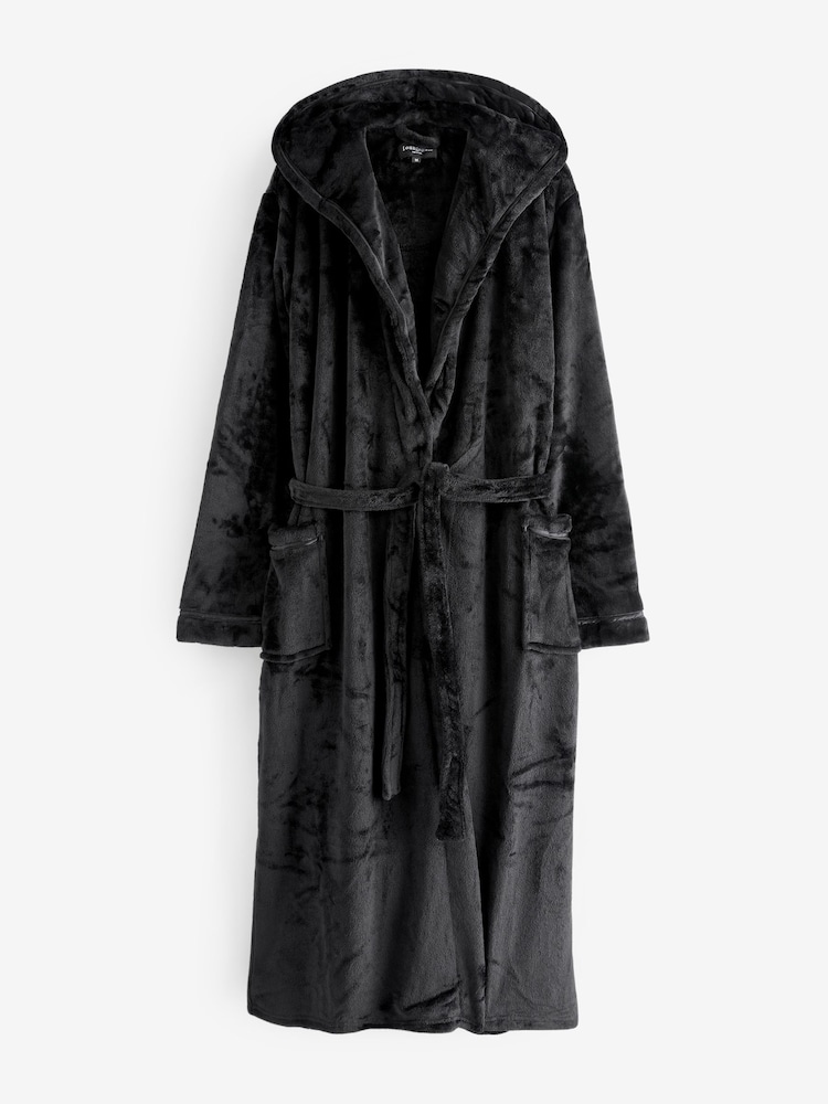 Loungeable Black Ribbon Trim Luxury Fleece Hooded Maxi Robe - Image 5 of 5