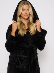 Loungeable Black Ribbon Trim Luxury Fleece Hooded Maxi Robe - Image 6 of 7