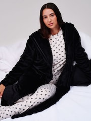 Loungeable Black Ribbon Trim Luxury Fleece Hooded Maxi Robe - Image 9 of 10