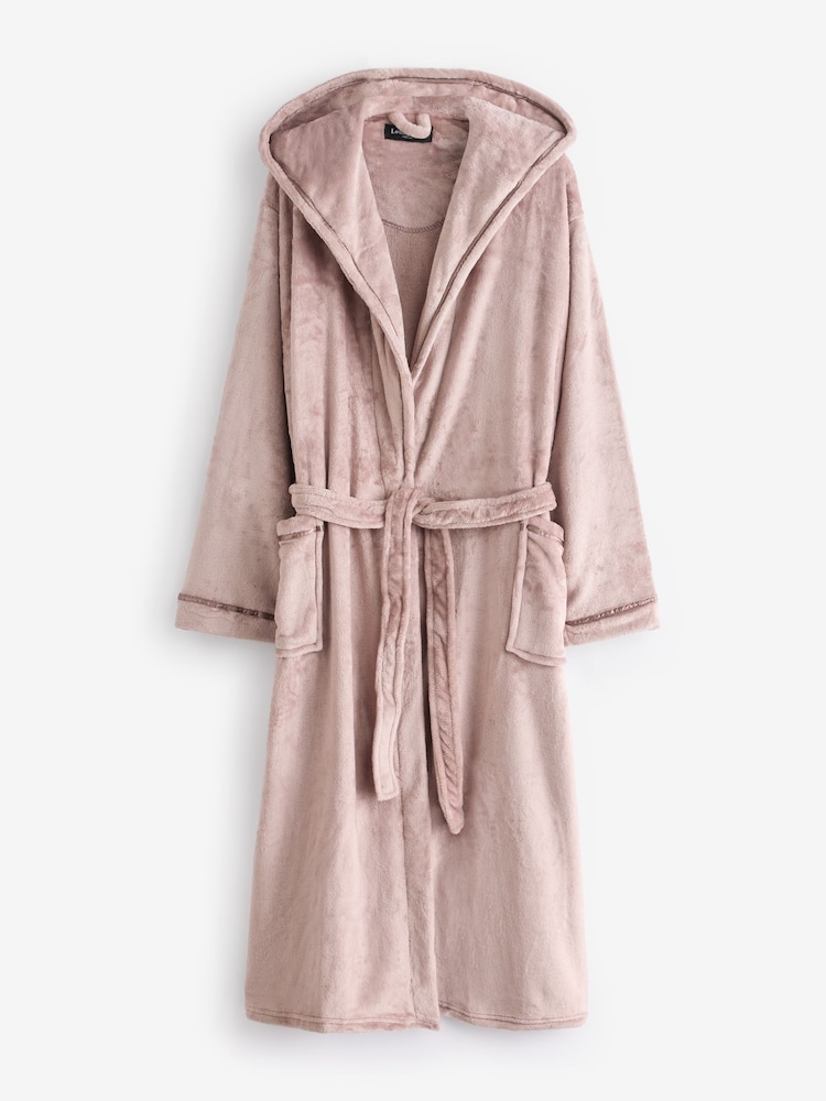 Rosa claro - Bata larga con capucha de polar con ribete de cinta Luxury de Loungeable - Imagen 6 de 6