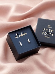 Posh Totty Designs Silver Tone Personalised Lightning Bolt Stud Earrings - Image 1 of 3