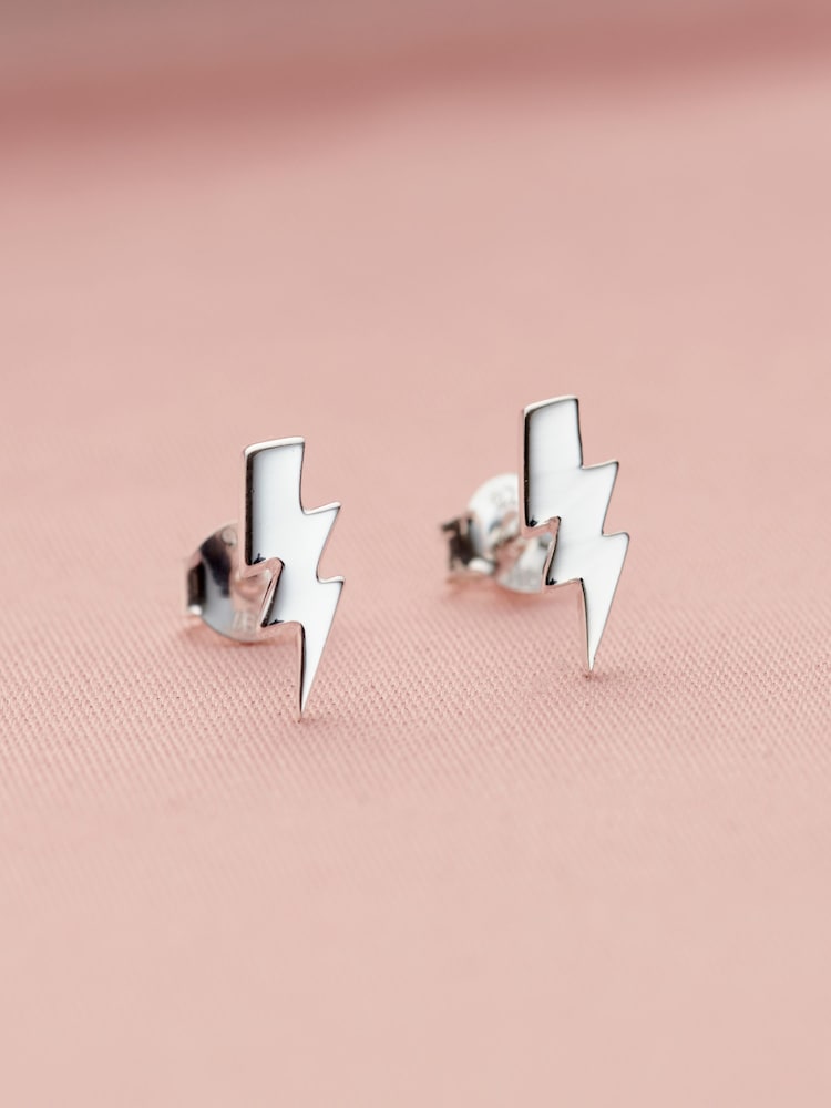 Posh Totty Designs Silver Tone Personalised Lightning Bolt Stud Earrings - Image 2 of 3