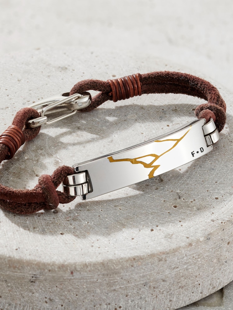 Posh Totty Designs Mens Silver Tone Leather Cord Personalised Kintsugi Bracelet - Image 1 of 3