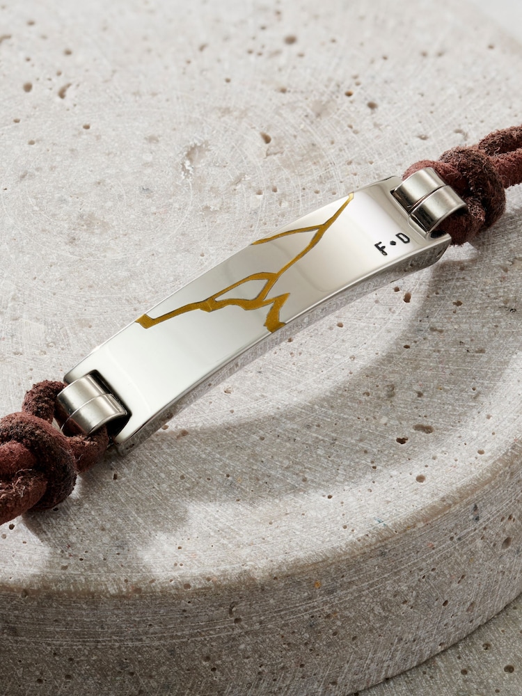 Posh Totty Designs Mens Silver Tone Leather Cord Personalised Kintsugi Bracelet - Image 2 of 3