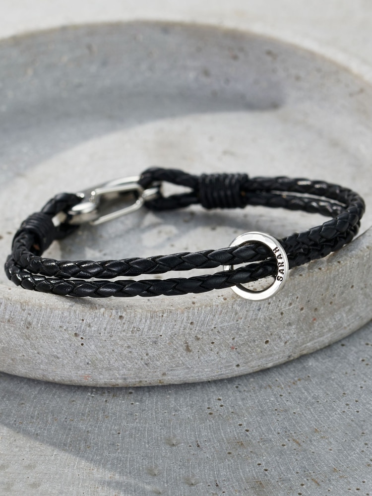 Posh Totty Designs Mens Silver Tone Personalised Double Leather Message Bracelet - Image 1 of 3