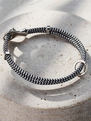 Posh Totty Designs Mens Silver Tone Personalised Heringbone Leather Message Bracelet - Image 1 of 3