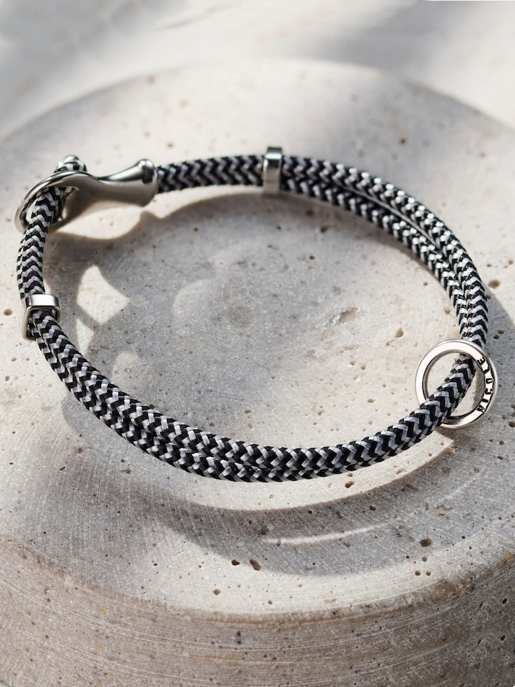 Posh Totty Designs Mens Silver Tone Personalised Heringbone Leather Message Bracelet - Image 1 of 3
