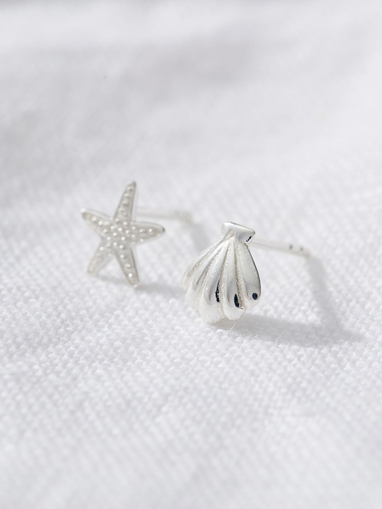 Posh Totty Designs Silver Tone Personalised Starfish and Shell Stud Earrings - Image 2 of 3