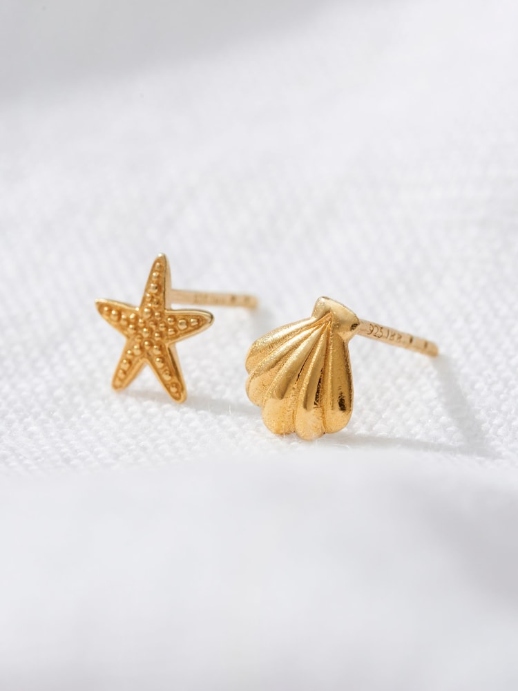 Posh Totty Designs Gold Tone Personalised Starfish and Shell Stud Earrings - Image 2 of 3