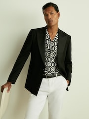 Reiss Black/White Canape Geometric-Print Poplin Cuban-Collar Shirt - Image 1 of 6