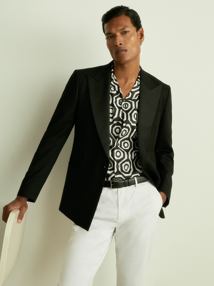 Reiss Black/White Canape Geometric-Print Poplin Cuban-Collar Shirt - Image 1 of 6