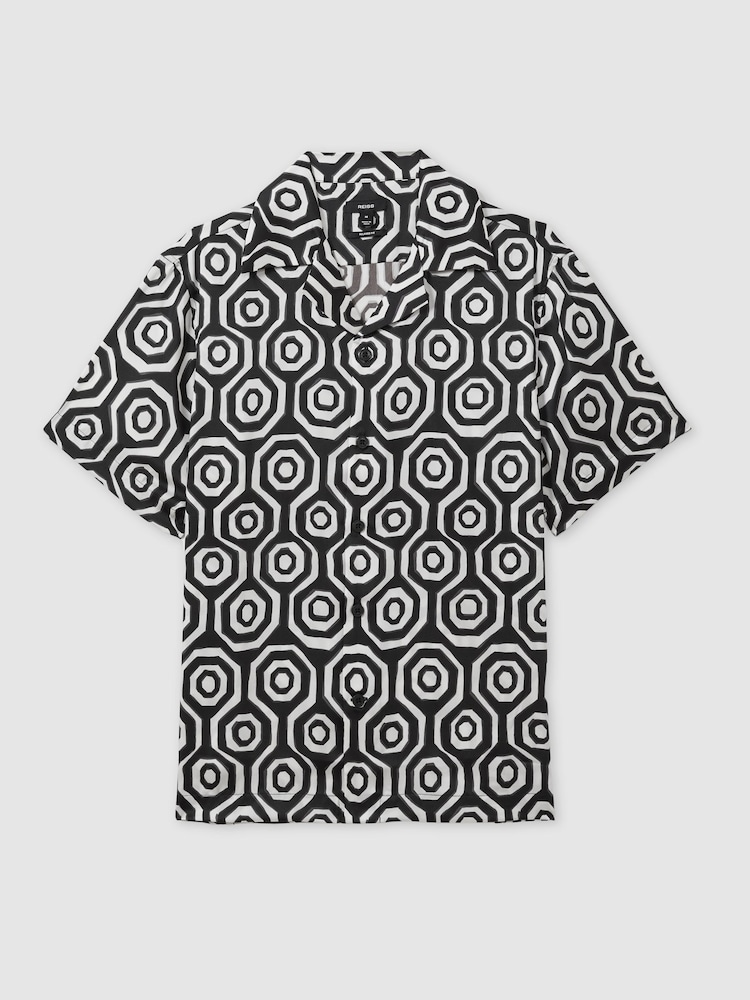 Reiss Black/White Canape Geometric-Print Poplin Cuban-Collar Shirt - Image 2 of 6