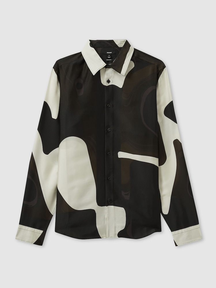 Reiss Chocolate Brown Montana Abstract-Print Poplin Shirt - Image 2 of 7