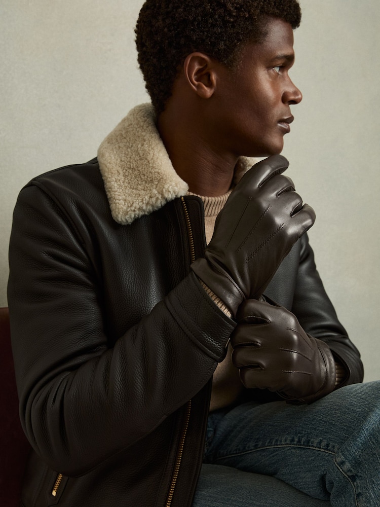 Marrón oscuro - Reiss Monty Wool and Cashmere Lined Leather Gloves - Imagen 2 de 3