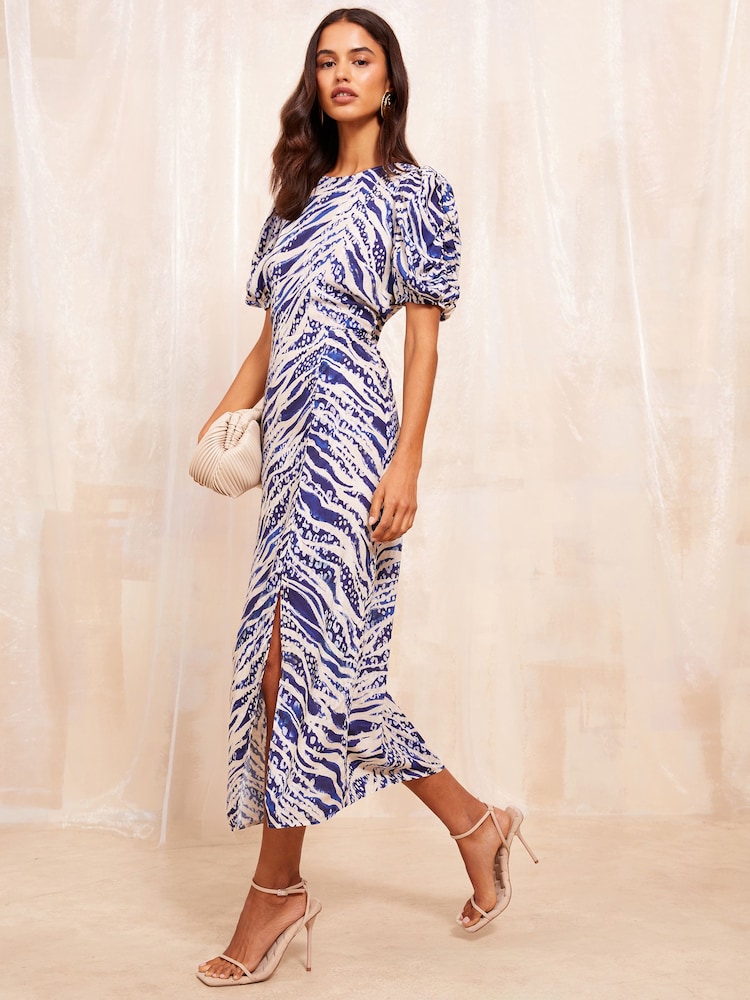 Friends Like These Blue Ruched Short Sleeve Midi Dress - Image 1 of 4 Friends Like These Blue Ruched Short Sleeve Midi Dress - Image 1 of 4
