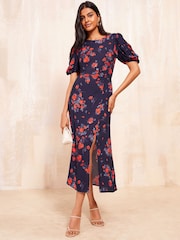 Friends Like These Navy Blue Ruched Short Sleeve Midi Dress - Image 1 of 4