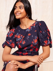 Friends Like These Navy Blue Ruched Short Sleeve Midi Dress - Image 2 of 4