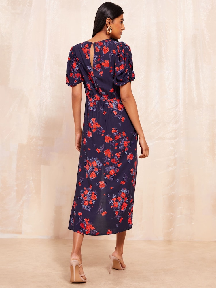 Friends Like These Navy Blue Ruched Short Sleeve Midi Dress - Image 4 of 4