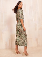 Friends Like These Green Flutter Sleeve Ruche Front Midi Dress - Image 2 of 4