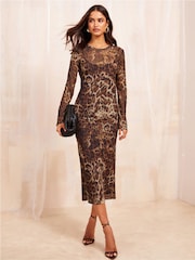 Friends Like These Brown Printed Mesh Midi Dress - Image 1 of 4