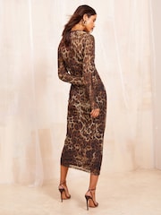 Friends Like These Brown Printed Mesh Midi Dress - Image 3 of 4
