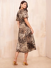 Friends Like These Brown Flutter Sleeve Printed Satin Midi Dress - Image 4 of 4