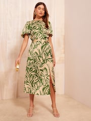 Friends Like These Green Flutter Sleeve Printed Satin Midi Dress - Image 1 of 4