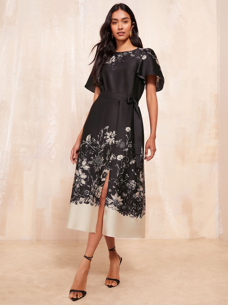 Friends Like These Black/White Flutter Sleeve Printed Satin Midi Dress - Image 1 of 4