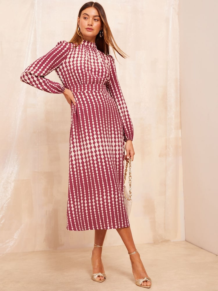 Friends Like These Red Geo High Neck Long Sleeve Midi Dress with Bow Detailing - Image 1 of 4