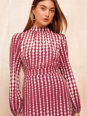 Friends Like These Red Geo High Neck Long Sleeve Midi Dress with Bow Detailing - Image 2 of 4