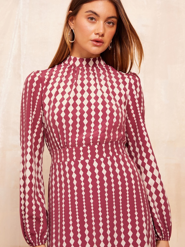 Friends Like These Red Geo High Neck Long Sleeve Midi Dress with Bow Detailing - Image 2 of 4