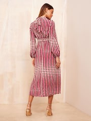 Friends Like These Red Geo High Neck Long Sleeve Midi Dress with Bow Detailing - Image 3 of 4