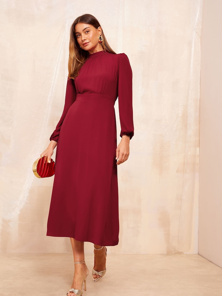 Friends Like These Red High Neck Long Sleeve Midi Dress with Bow Detailing - Image 1 of 4