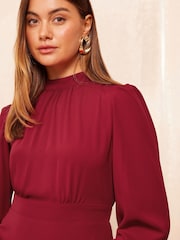 Friends Like These Red High Neck Long Sleeve Midi Dress with Bow Detailing - Image 2 of 4