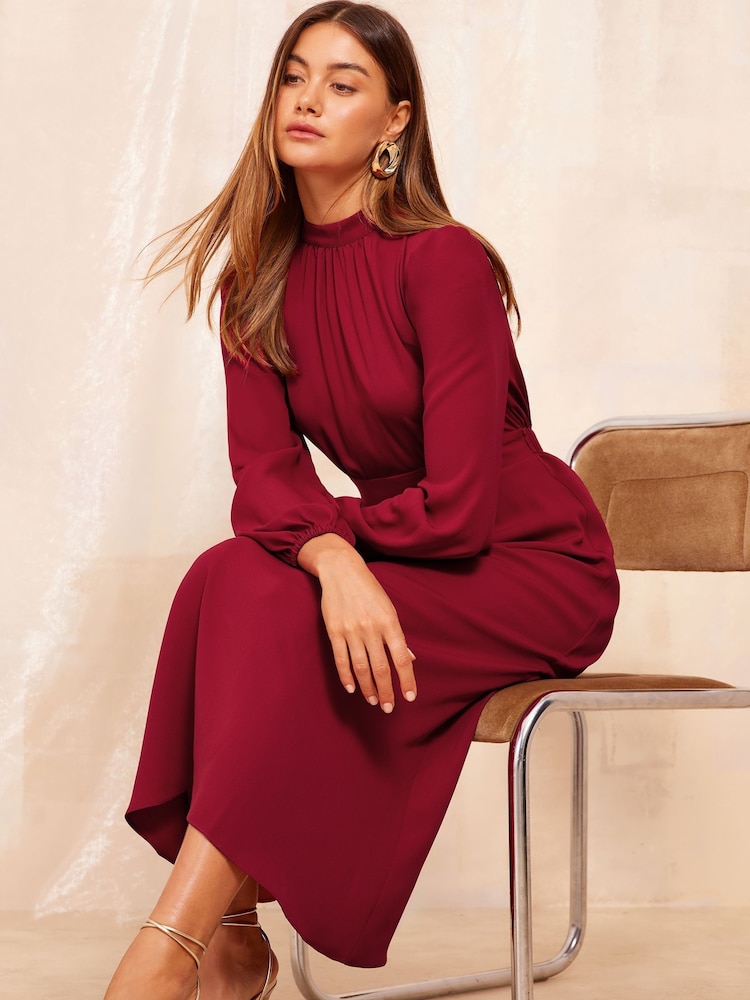 Friends Like These Red High Neck Long Sleeve Midi Dress with Bow Detailing - Image 4 of 4