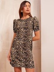 Friends Like These Brown Animal Short Puff Sleeve Mini Shift Dress - Image 1 of 4