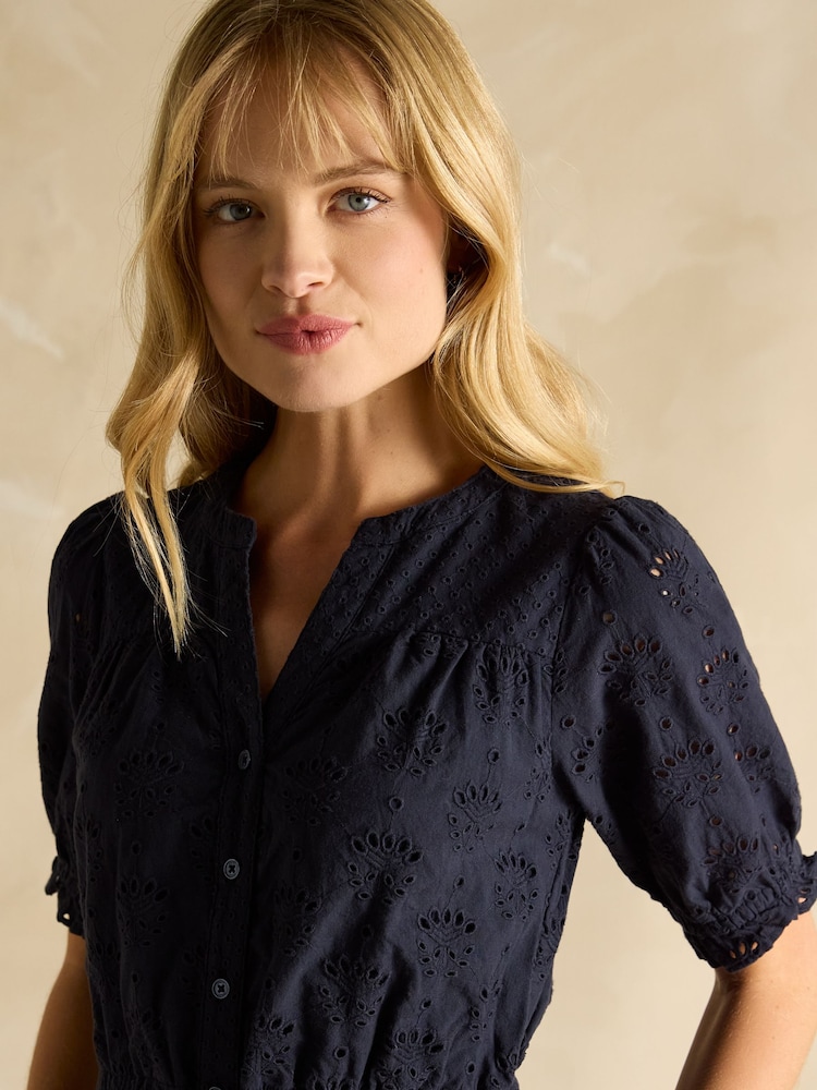 Joules Juliana 100% Cotton Navy Blue Broderie Midi Dress - Image 4 of 5