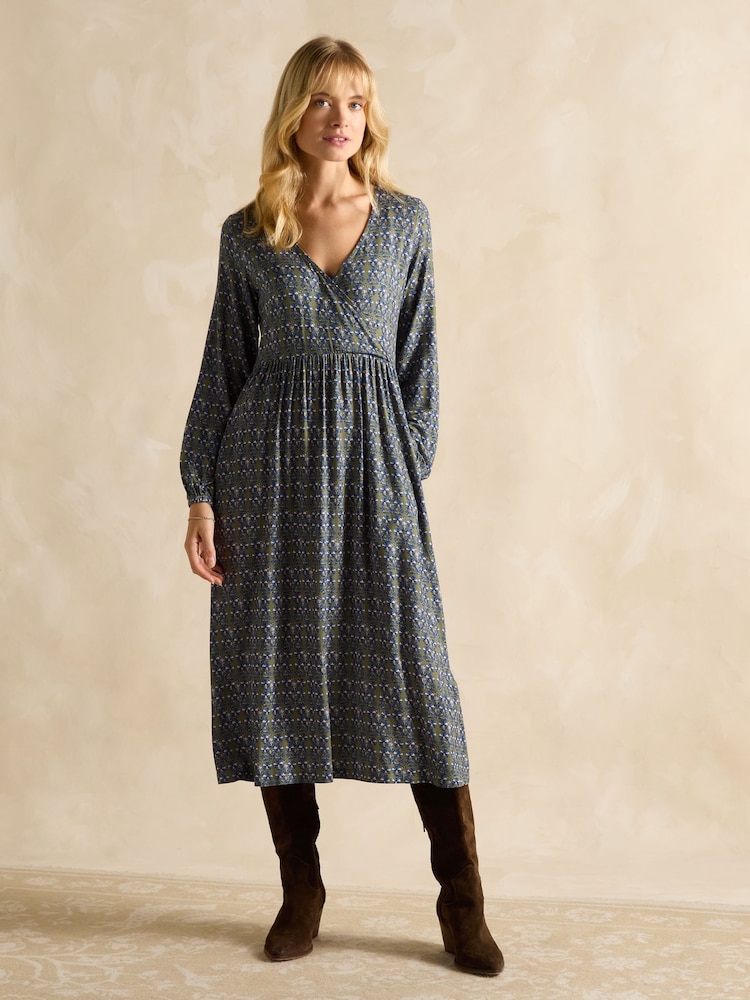 Joules Camille Khaki Green Midi Length Wrap Dress - Image 1 of 6