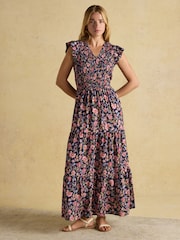 Joules Esme Navy Shirred Midi Dress - Image 1 of 9