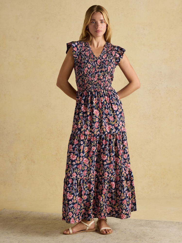 Joules Esme Navy Shirred Midi Dress - Image 1 of 9