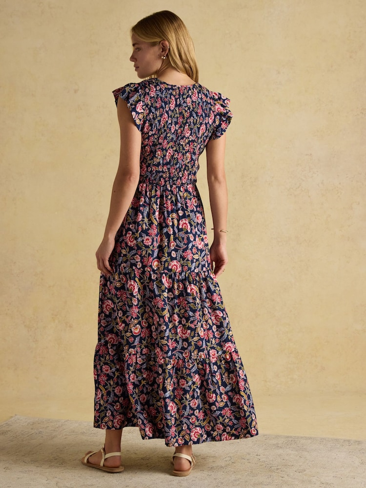 Joules Esme Navy Shirred Midi Dress - Image 2 of 9
