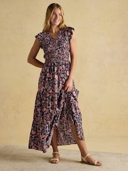 Joules Esme Navy Shirred Midi Dress - Image 6 of 9