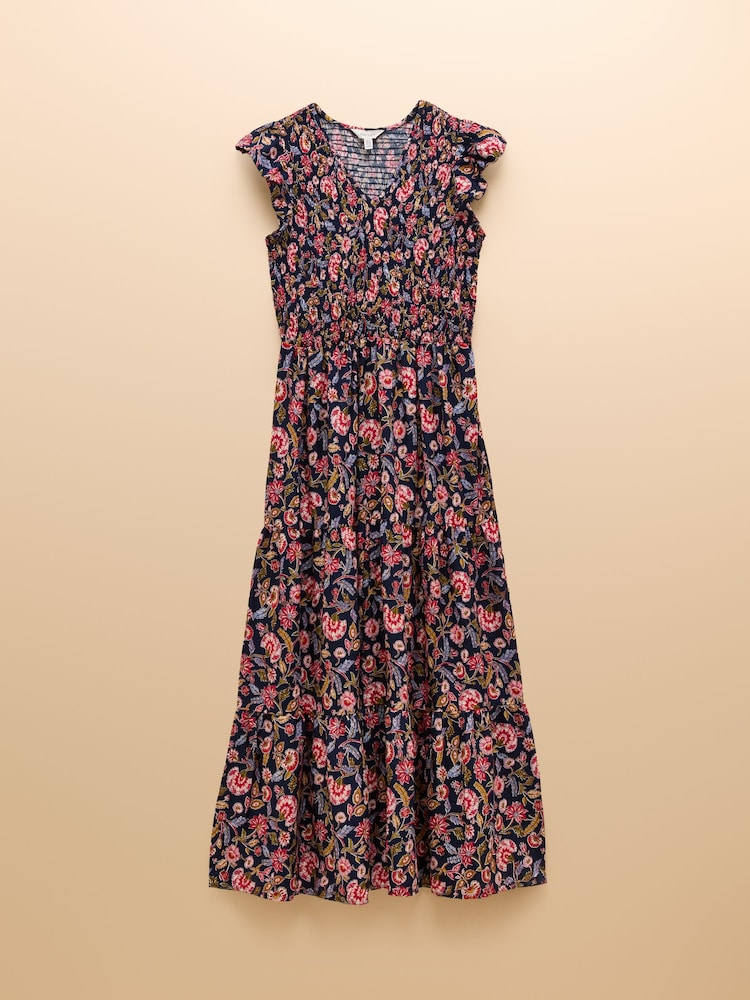 Joules Esme Navy Shirred Midi Dress - Image 9 of 9
