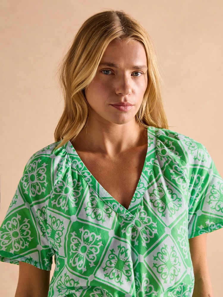 Joules Connie Green/Blue Cotton Midi Dress - Image 3 of 9