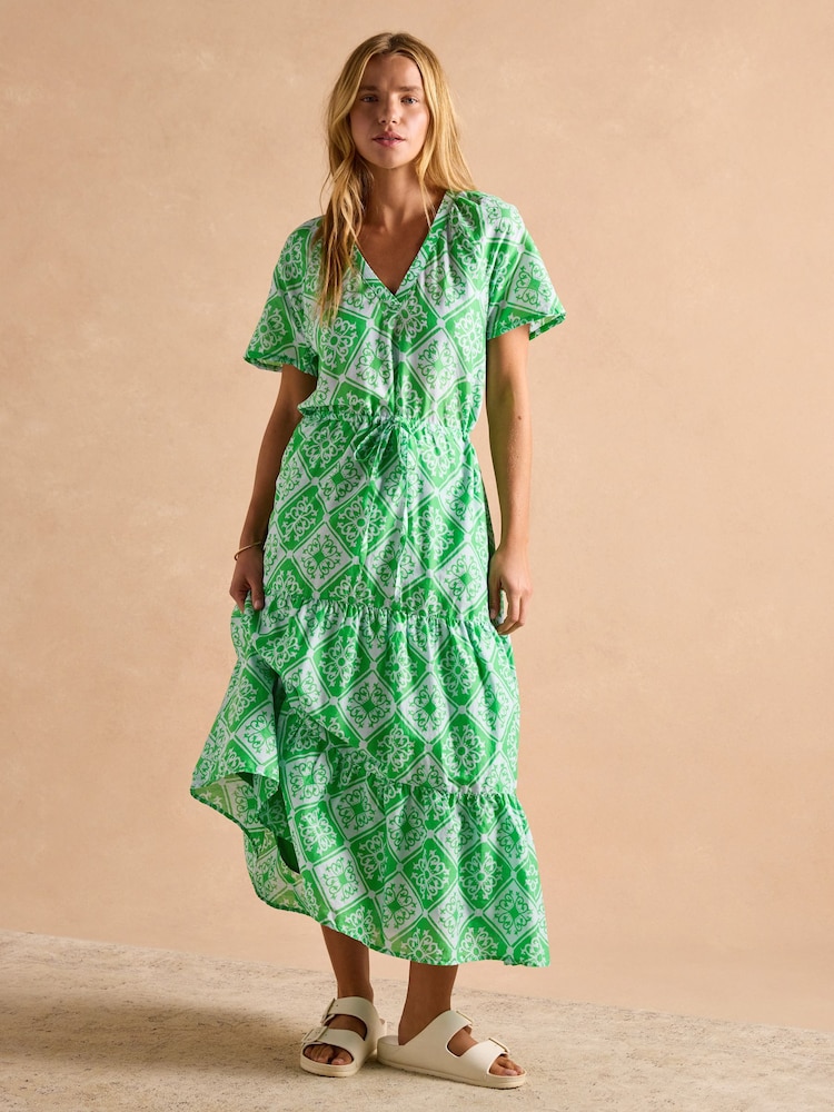 Joules Connie Green/Blue Cotton Midi Dress - Image 5 of 9
