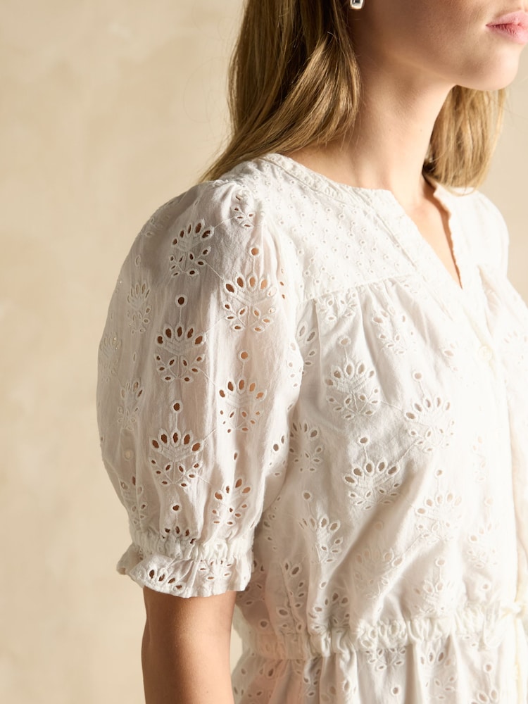 לבן - Joules Juliana Broderie Midi Dress - Image 7 of 8