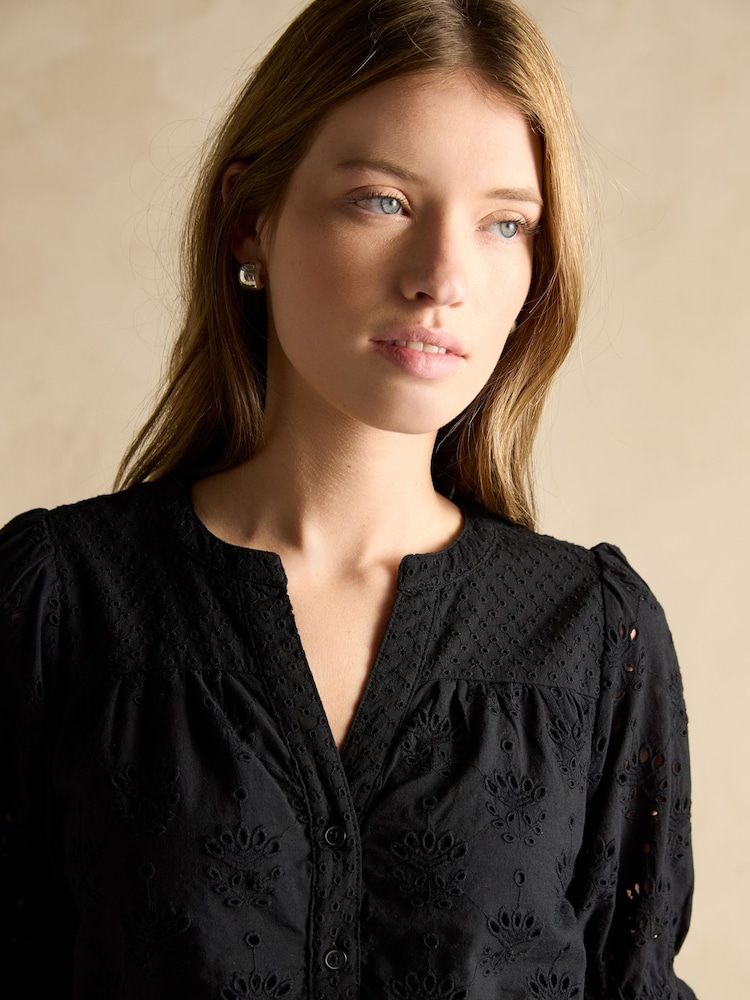 Joules Juliana 100% Cotton Black Broderie Midi Dress - Image 3 of 7